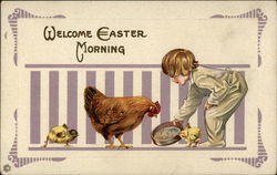 Welcome Easter Morning With A Boy Feeding Rooster Postcard