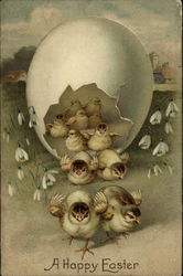 A Happy Easter - Chicks Hatching out of a Large Egg Postcard
