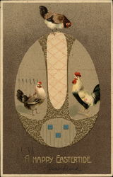 A Happy Eastertide With Roosters on an Egg Postcard