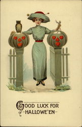 Good Luck for Halloween - Woman with Jack 'O Lanterns Postcard Postcard