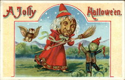 Pumpkin Face Witch & Scarecrow Postcard