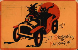 Witch & Cat in Car Halloween Postcard Postcard