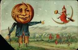 Pumpkin Scarecrow & Witch on Moon Postcard