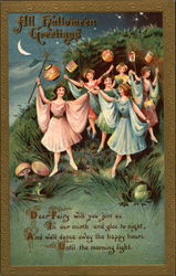 All Halloween Greetings - Ladies with Lanterns Postcard Postcard