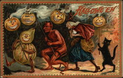 Halloween: Pumpkins, Witch, Devil, and Black Cat Postcard