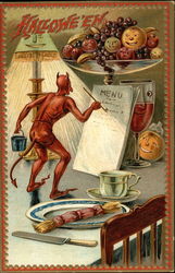 Halloween, devil making menu for dinner Postcard