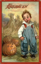 Halloween: Farm Boy with Jack O'Lanterns Postcard Postcard