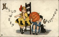 Children with JOL & Black Cat Halloween Postcard Postcard