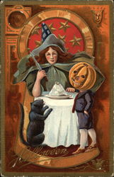 Witch & JOL boy in Giant Keyhole Postcard