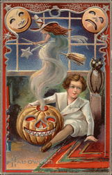 Halloween with Young Boy and Jack-O-Lantern Postcard