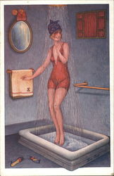 Woman showering in swimsuit Postcard