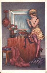 Young woman sitting on a vanity table Postcard
