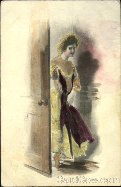 Woman sneaking through the door Women