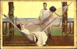 Woman in hammock, Man with Tennis Racket Postcard