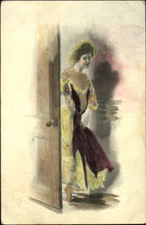 Woman sneaking through the door Postcard