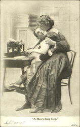 A Man's Busy Day: man and woman at typewriter desk Postcard