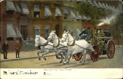 Going To The Fire: three white horses pull old-fashioned fire-truck Firemen Postcard Postcard