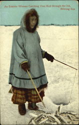 An Eskimo woman catching Kod through the ice, Bering Sea Postcard