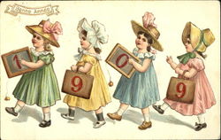 Bonne Annee 1909 Girls with Numbers Postcard