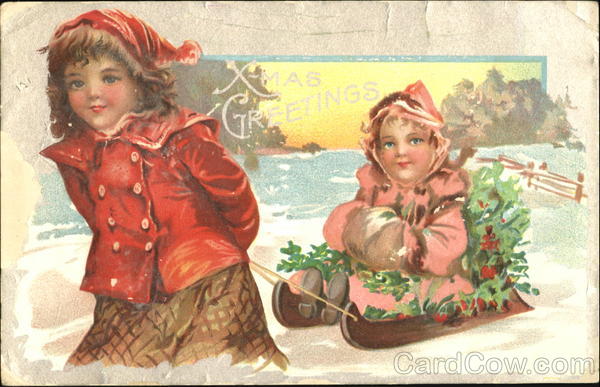 Little girl pulling a sleigh with a little girl on it