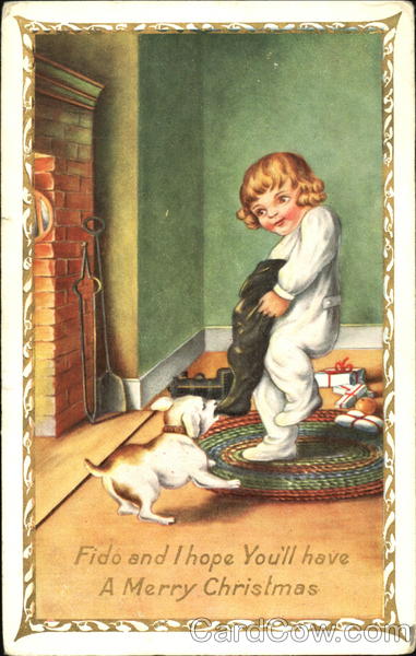 Child reaching into a stocking with a dog tugging it