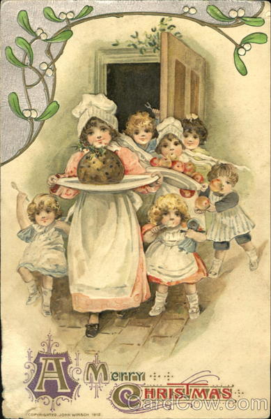 Vintage Mother carrying food on a tray with 6 children