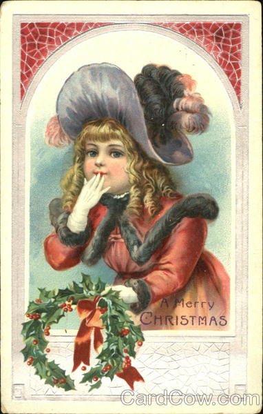 Pretty girl holding a wreath out a window Children