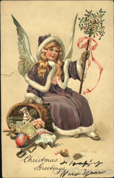 Santa in Purple Robe with Gifts Angels