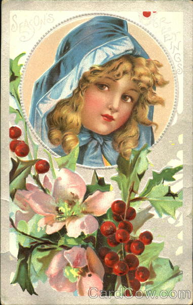 Young blond girl with blue hood and bow with christmas flowers