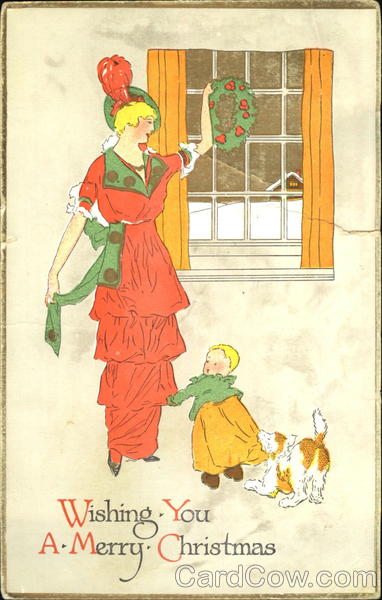 Art Deco woman hanging wreath with child and dog Children