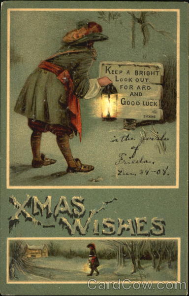 green card, old santa with lamplight reading sign on the road of good luck