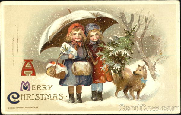 Old-time children and dog with Christmas tree