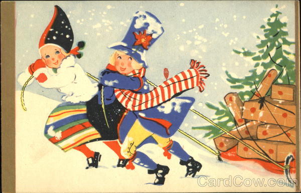 Snow Scene with Happy Kids Pulling Sled Filled with Packages