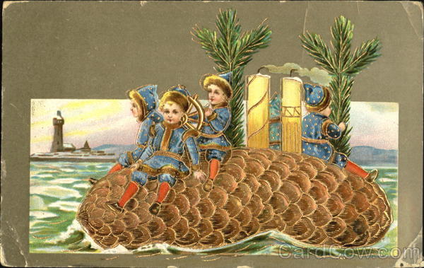 Children riding a pine cone on the water