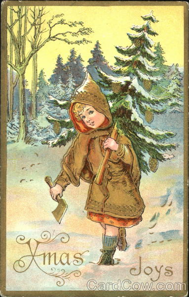 A child with a fresh-cut Christmas walks in the snow