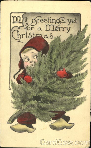 A small child in red, wearing clogs carries a tree