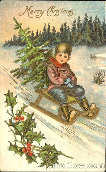 Boy on a sled with a tree Children