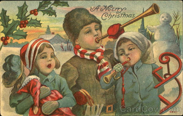 Children blowing horns in winter scenery