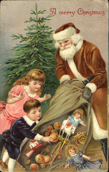Santa Giving Gifts to Young Boy and Girl Santa Claus