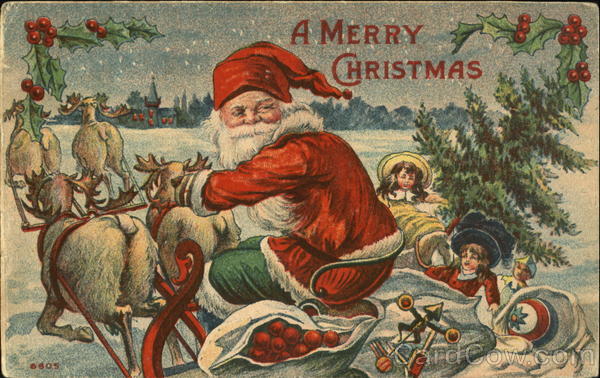 A Santa in Red robe with child in Travelling Santa Claus