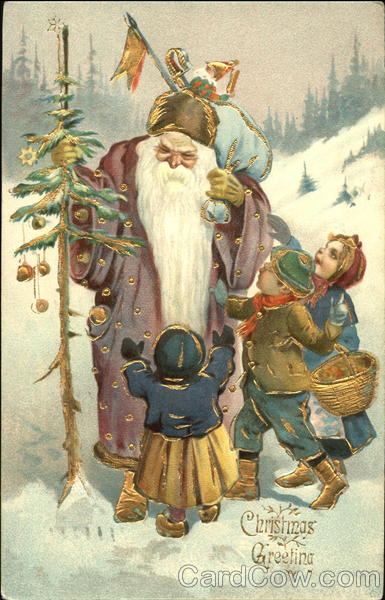 Santa with purple robe, three children trying to grab his bag of toys ...