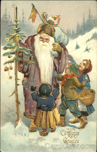 Santa with purple robe, three children trying to grab his bag of toys