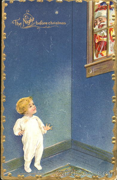 Child and Santa looking at each other through a window