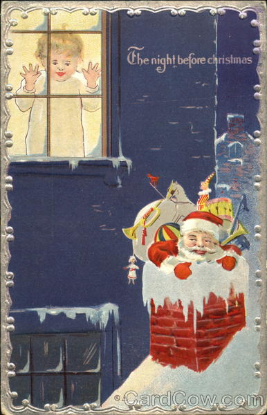 Little Boy looking out a window at Santa in the Chimney