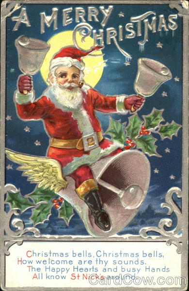 Santa sitting on a Bell Santa Claus