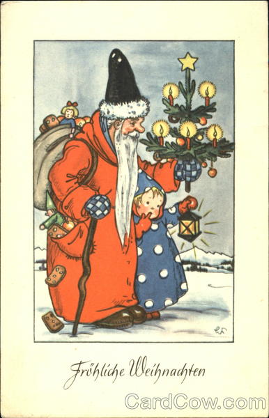 Santa with Child in Blue coat with White Dots Santa Claus