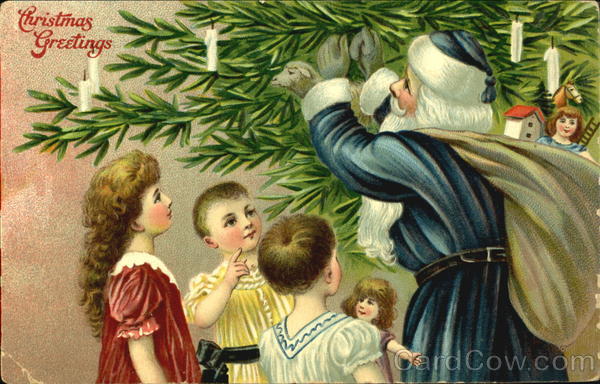 Santa in blue robe helps kids trim a tree Santa Claus