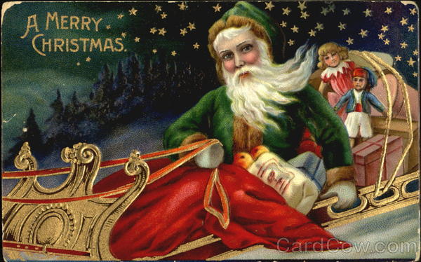 Santa in his Green Robe Flies his Toy-Filled Sleigh through the Stars