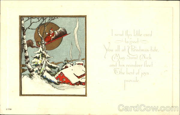 Santa in Sleigh Flying over a House Santa Claus