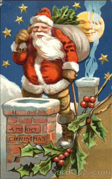 Santa on Roof with Bag of Gifts Santa Claus